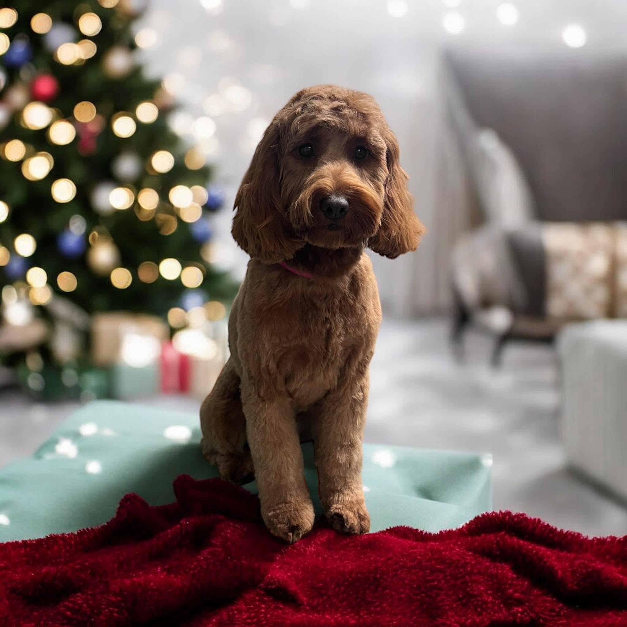 Apricot cockapoo sitting on a red blanket by a Christmas tree