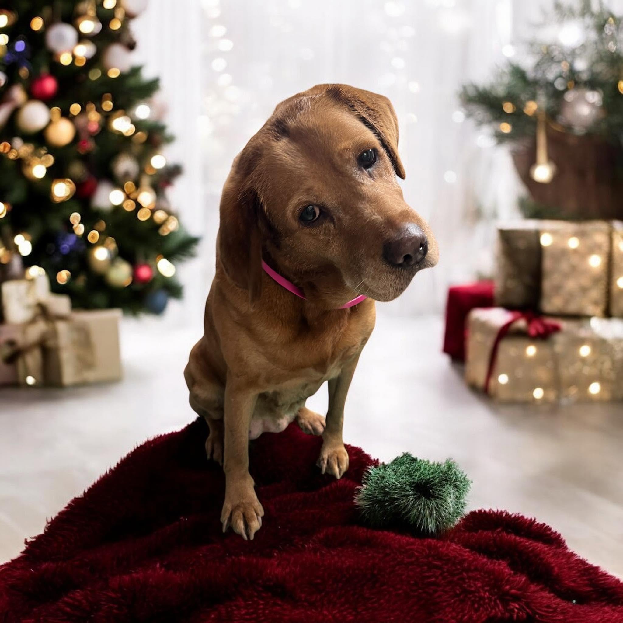 Fox red Labrador with a pink collar sitting on a red blanket